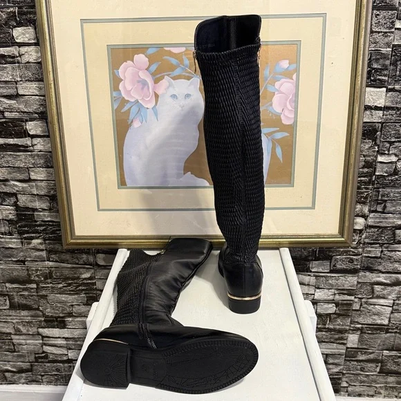 Black Knee-High Women's Boots features zipper on side and gold around the heels - Picture 7 of 11